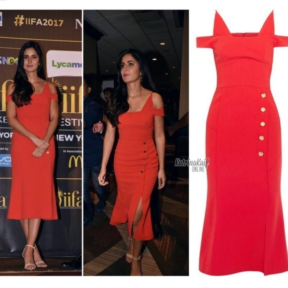 NWT Rebecca Vallance Beltran Midi Dress Button Slit Skirt Off The Shoulder Red 8 - Picture 3 of 14